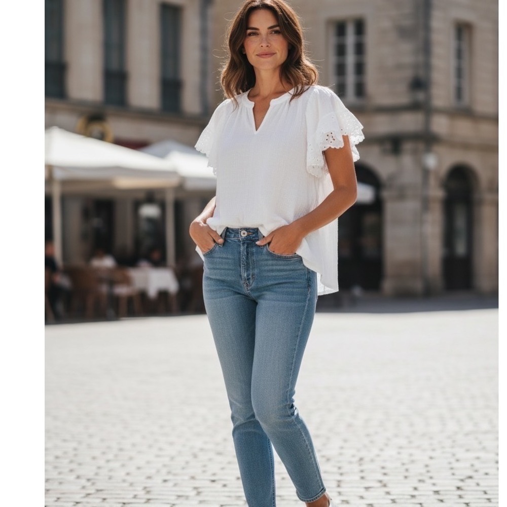 Beachlunchlounge Dessa White Cotton Gauze Eyelet Short Sleeve Top Cottagecore S - Picture 2 of 13